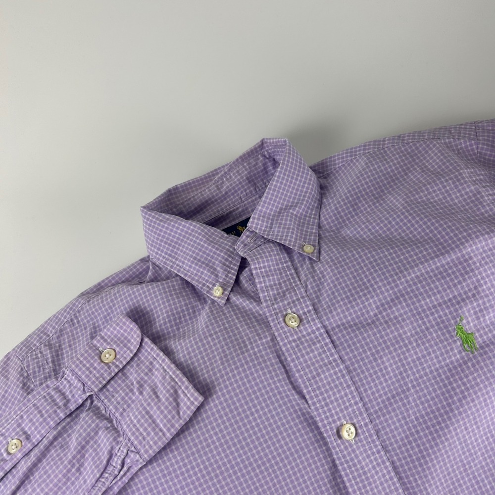 Ralph Lauren Mens 15/38 (S) Gingham Button Down Shirt Purple White Long Sleeve